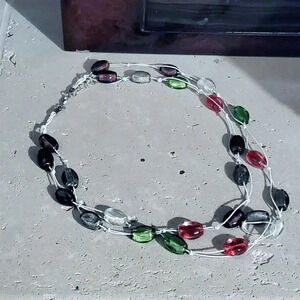Lampwork Glass Beads Double Strand 24" Long Jewel Tone Colors Necklace